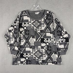 Vtg 80s Sweatshirt Women's Medium Black Gray Geometric 3/4 Sleeve Pullover USA